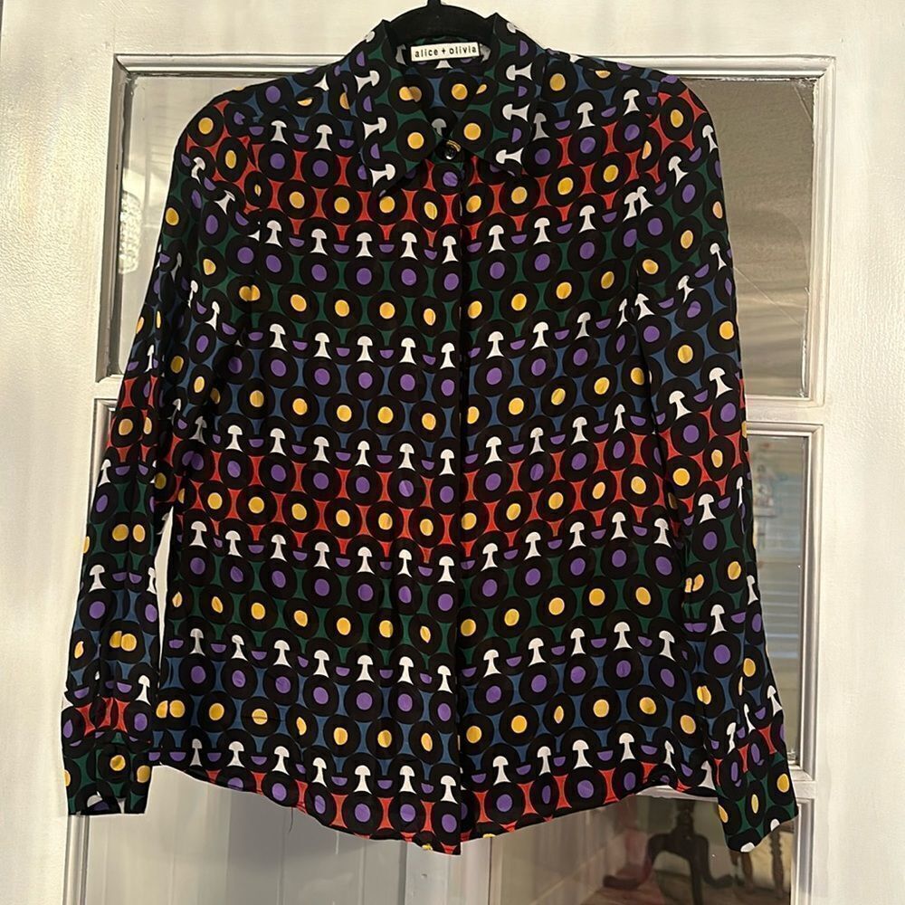 Alice + Olivia Willa Color Placket Silk Blouse Rainbow Dot Women's Small - Picture 2 of 6